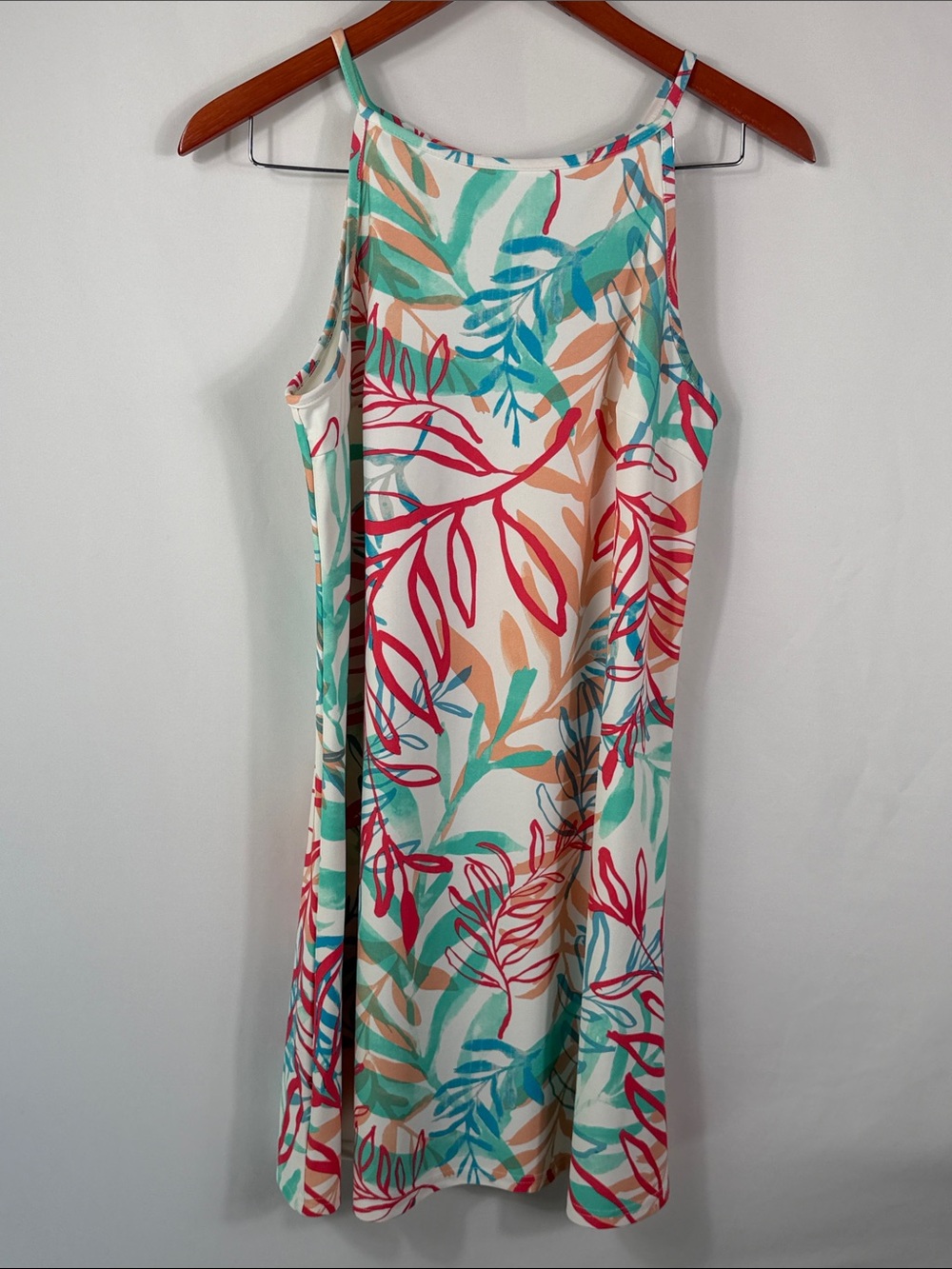 Aryeh Tropical Leaf Print Sundress in Teal, Coral, spaghetti strap. Size S